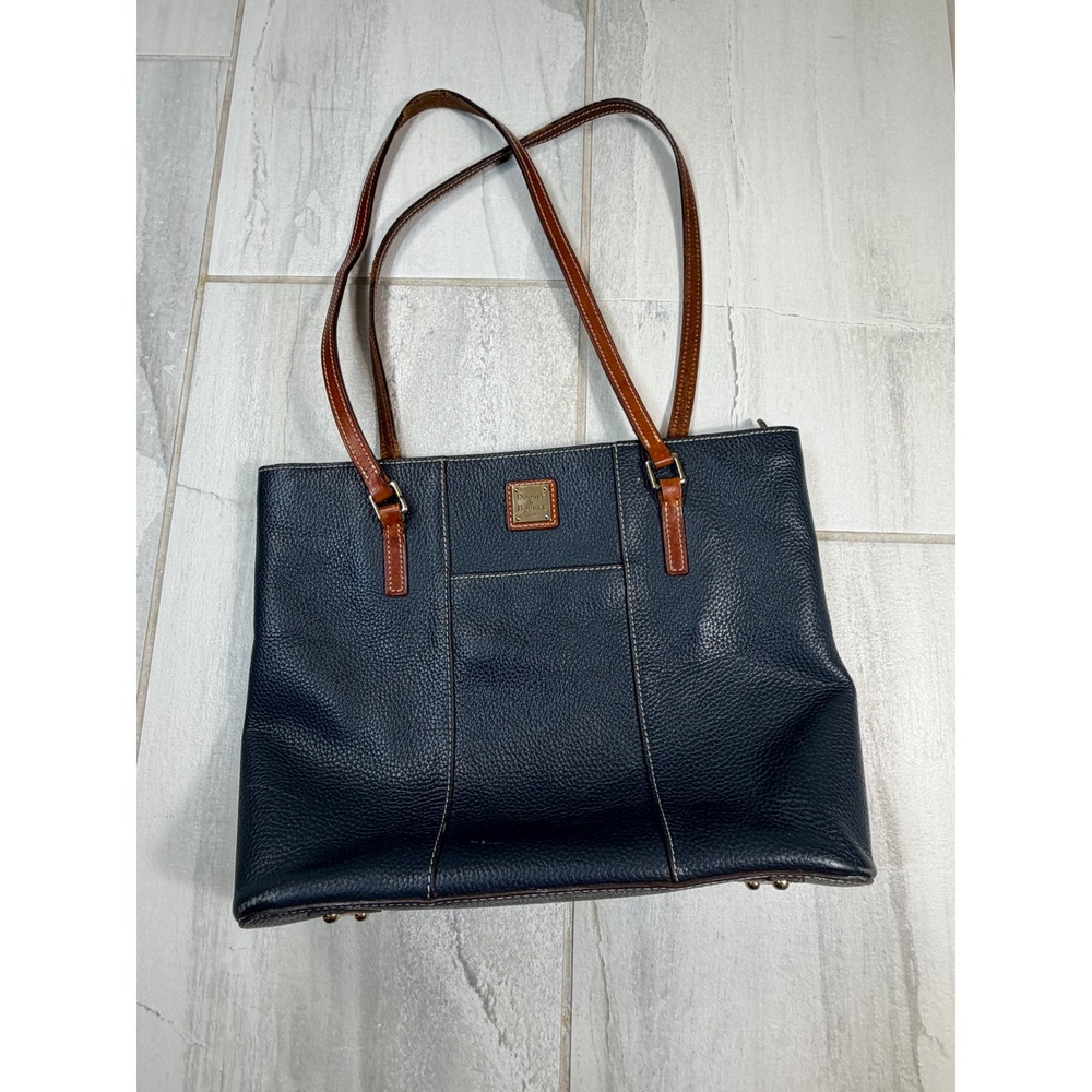 Dooney & Bourke Navy Blue Pebble Grain Leather Tote Shoulder Bag Tan Trim